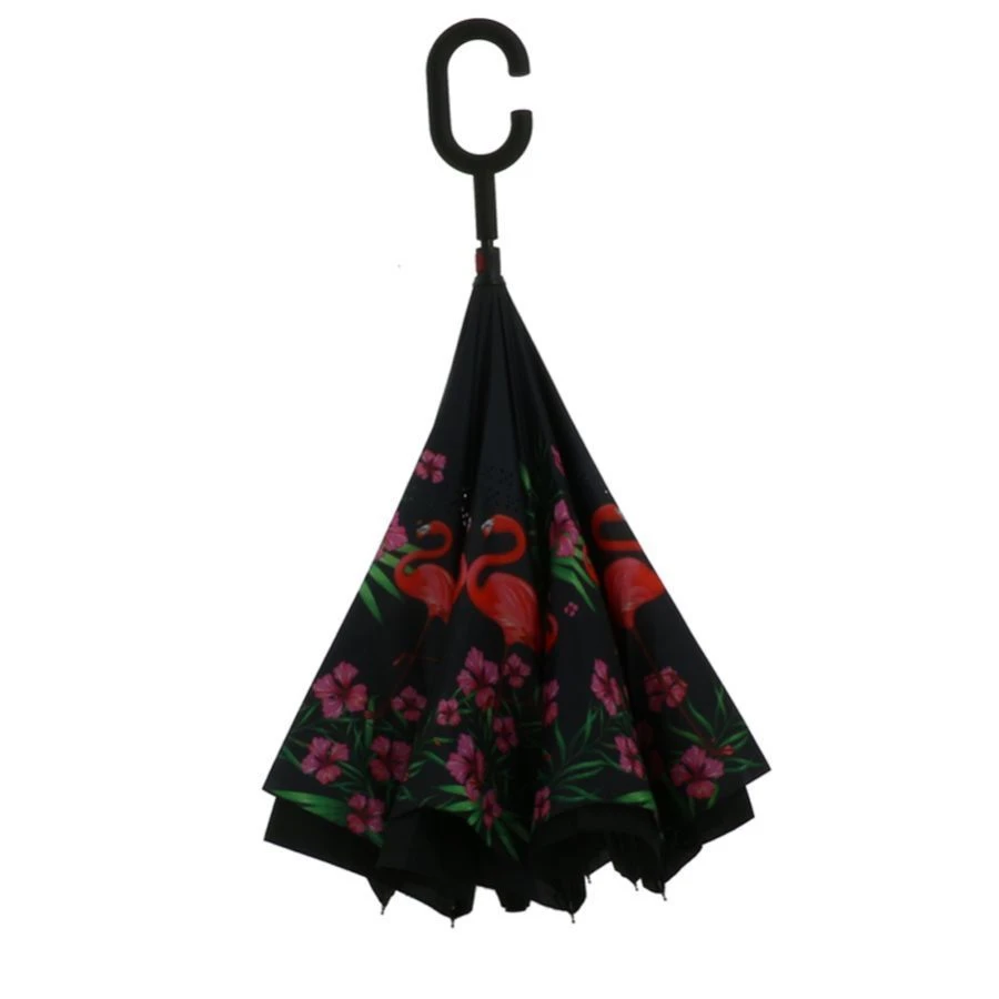 Parapluie Ouverture Inversée Motif Fleurs Et Flamant Rose 4 Parapluie Ouverture Inversée Motif Fleurs Et Flamant Rose – Image 2