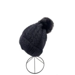 Bonnet Tricot à Torsades Avec Pompon Et Bord Plié Noir -Accessoires De Mode pdtimg 4630569hd