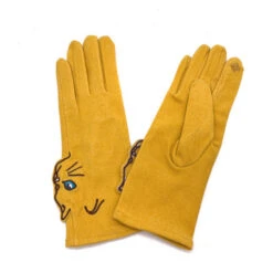 Gants Doux Jaune Avec Motif Reliefé En Tête De Chat -Accessoires De Mode pdtimg 4648355hd