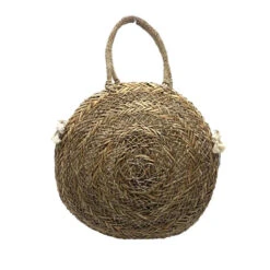 Panier Rond En Paille Tressée «MERCI» En Beige Et Bordure Pompons -Accessoires De Mode pdtimg 4759576hd