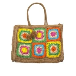 Sac Tricoté En Papier à Motif Carrés Fleuris Et Pompons -Accessoires De Mode pdtimg 4923864hd