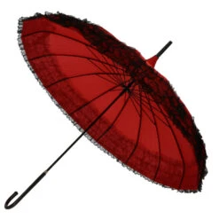 Parapluie Forme Pagode Rouge à Bordure Dentelle Noir