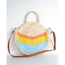 Sac à Main Rond En Raphia à Motif Bande Tricolore Bleu