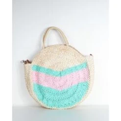 Sac à Main Rond En Raphia à Motif Bande Tricolore Vert