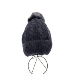 Bonnet Tricot à Torsades Avec Pompon Et Bord Plié Noir