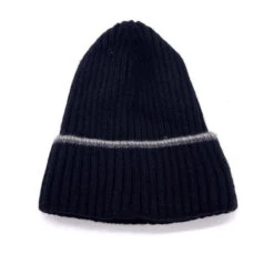 Bonnet Côtelé Uni Noir Brodé D'un Liseré Sur Le Revers