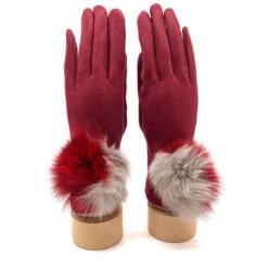 Gants Tactiles Bordeaux Avec Pompon à Deux Couleurs