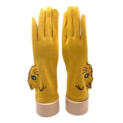 Gants Doux Jaune Avec Motif Reliefé En Tête De Chat