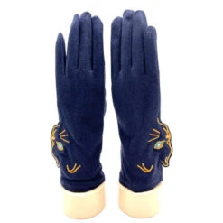 Gants Doux Bleu Marine Avec Motif Reliefé En Tête De Chat