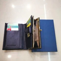 Porte Monnaie Cuir Style Dos à Dos Avec Fermoir Métal Et Pression Bleu