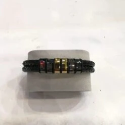 Bracelet à 2 Cordons En Cuir Tressé Noir Agrémenté De Passants Métal