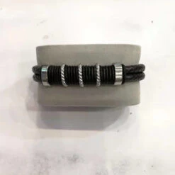 Bracelet 2 Lanières En Cuir Tressé De Teinte Marron Foncé Avec Passants