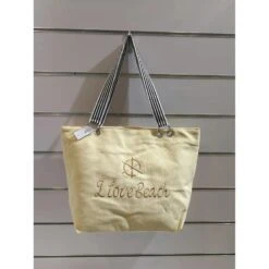 Sac De Plage Trapèze Beige à Broderie "I LOVE BEACH"