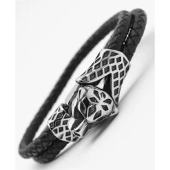 Bracelet En Simili Tressé Avec Une Tête De Léopard Ajourée