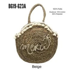 Panier Rond En Paille Tressée «MERCI» En Beige Et Bordure Pompons
