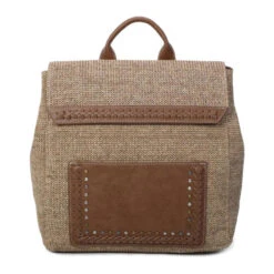 Sac à Dos Bimatière Taupe En Décor Tressé Et Micro Clous