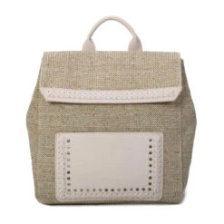 Sac à Dos Bimatière Beige En Décor Tressé Et Micro Clous