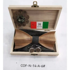 Coffret Noeud Papillon Bois + Boutons Manchette + Broche De Costume + Pochette Motif Losange