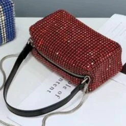 Sac Pochette Scintillant Rouge à Bandoulière Chainette Amovible