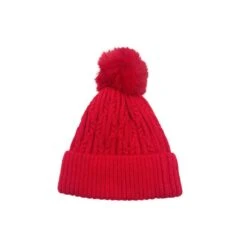 Bonnet à Motif Torsadé Et Pompon Avec Revers Rouge