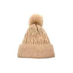 Bonnet à Motif Torsadé Et Pompon Avec Revers Beige
