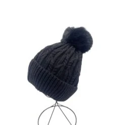 Bonnet à Motif Torsadé Et Pompon Avec Revers Noir