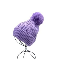 Bonnet à Motif Torsadé Et Pompon Avec Revers Violet