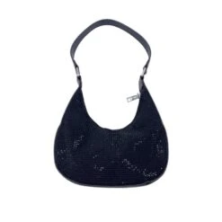 Sac Porté Main Noir Demi Lune Incurvé à Strass