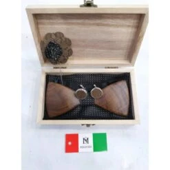 Coffret Nœud Papillon Bois + Pochette Aux Motifs Points + Boutons Manchette Et Broche