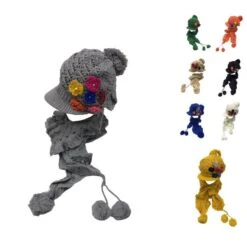 Ensemble Bonnet En Tricot à Fleur + écharpe Assortie à Pompons