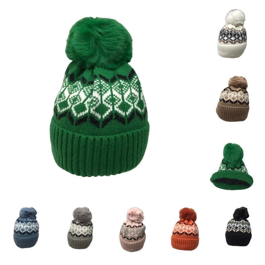 Bonnet Doublé Polaire à Pompon Et Motif Jacquard Coloris MIX 3 Bonnet Doublé Polaire à Pompon Et Motif Jacquard Coloris MIX