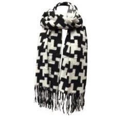 Écharpe Frangée Motif En Pied De Poule Noir