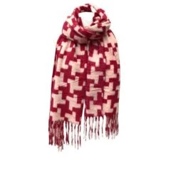 Écharpe Frangée Motif En Pied De Poule Rouge