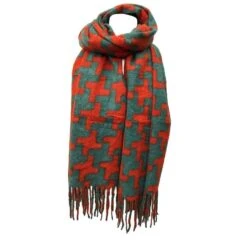 Écharpe Frangée Motif En Pied De Poule Vert Bouteille