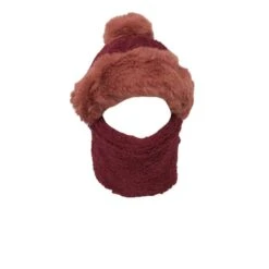 Bonnet Polaire à Pompon + écharpe En Peluche Bordeaux 2 En 1