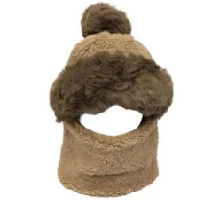 Bonnet Polaire à Pompon + écharpe En Peluche Beige 2 En 1