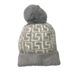Bonnet Douillet Agrémenté Pompon Gris Et Motif Grec