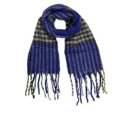 Écharpe Bleu Dur En Laine Mélangée à Carreaux Et Franges