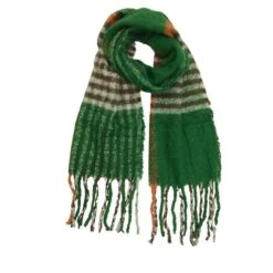 Écharpe Vert En Laine Mélangée à Carreaux Et Franges