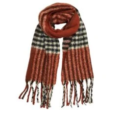 Écharpe Brique En Laine Mélangée à Carreaux Et Franges