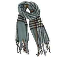 Écharpe Bleu Clair En Laine Mélangée à Carreaux Et Franges