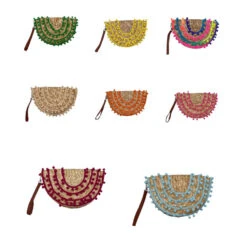 Pochette Demi Lune En Paille à Ornement De Pompons