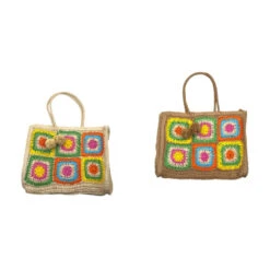 Sac Tricoté En Papier à Motif Carrés Fleuris Et Pompons