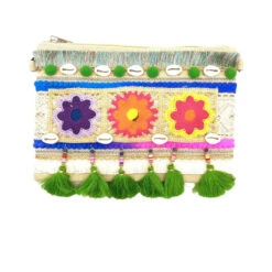Pochette Décoré De Broderie à Fleurs Et Pompons Frangés