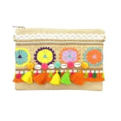 Pochette Multicolore Ornée Pompons Avec Coquillages