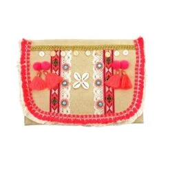 Pochette Colorée En Bohème à Pompons Et Coquillages