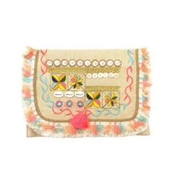 Pochette Parée De Broderie à Pompons Et Coquillage