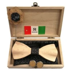 Coffret Noeud Papillon En Bois + Boutons De Manchette + Broche + Pochette à Motif Noir
