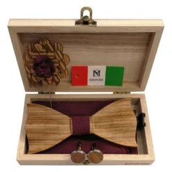 Coffret Noeud Papillon En Bois + Boutons De Manchette + Broche + Pochette à Motif Bordeaux