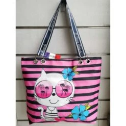 Sac De Plage "I Love Beach" à Rayures Et Petit Chat Fantaisie